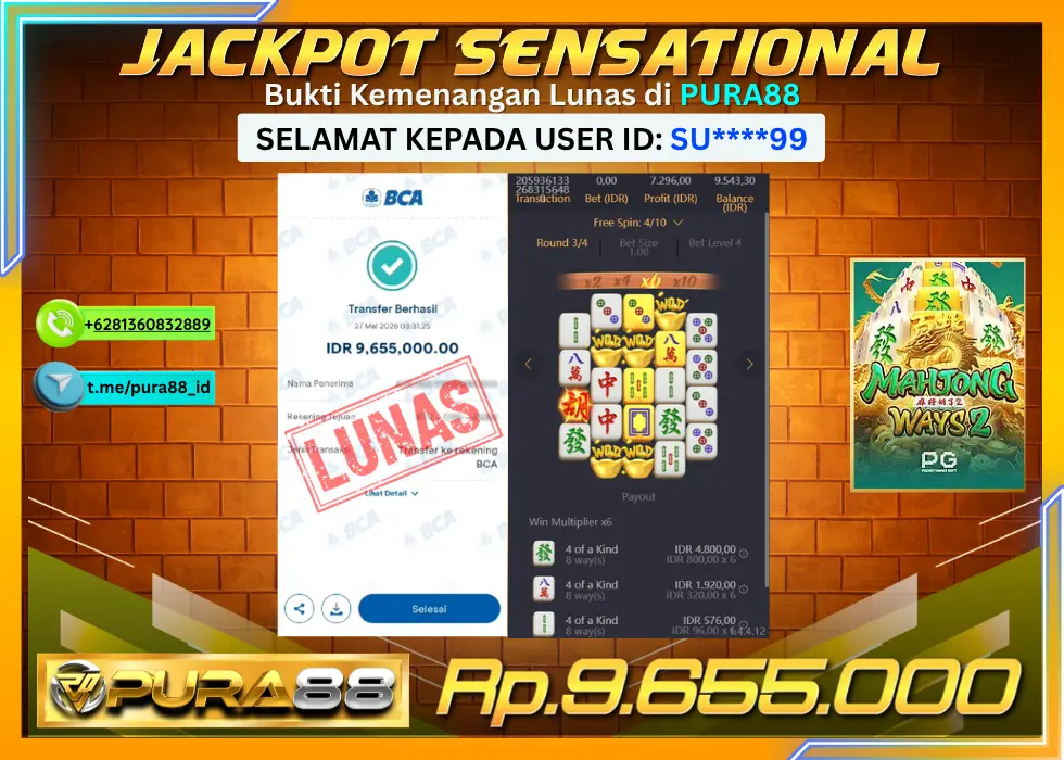 PURA88 JACKPOT MAHJONG WAYS 2 Rp 9.655.000,- LUNAS
